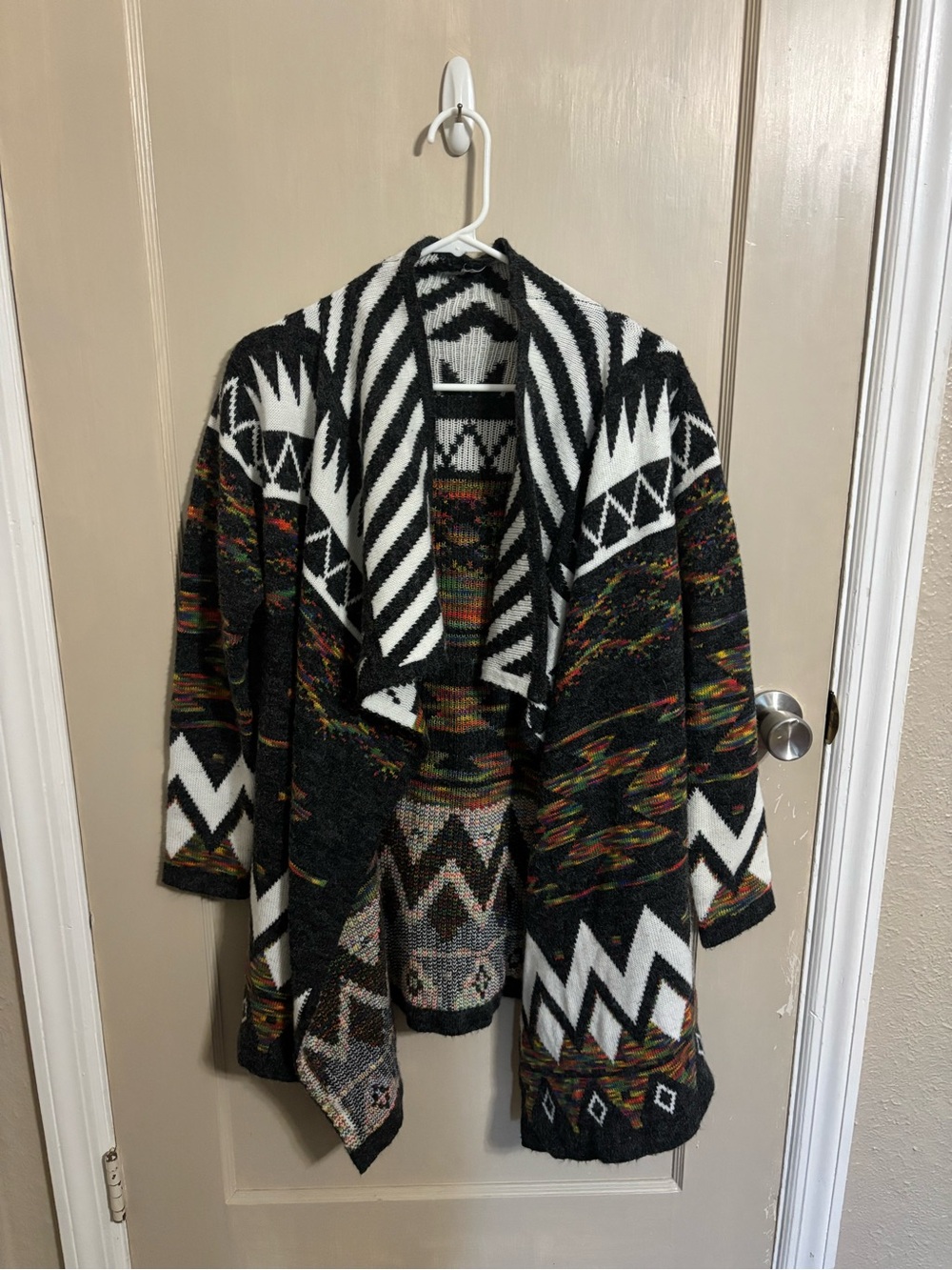 Open-Front Aztec Knit Cardigan Sweater - Black & White with Multicolor Accents